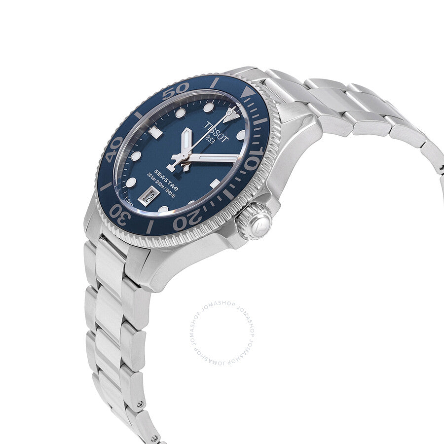 Tissot Seastar 1000 ladies watch angled view showing side profile and steel bracelet