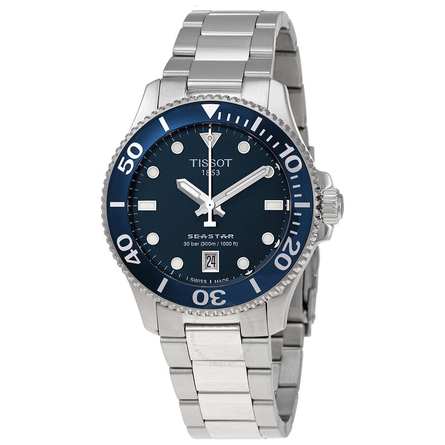 Tissot Seastar 1000 ladies watch with blue dial, steel case and bracelet, rotating bezel