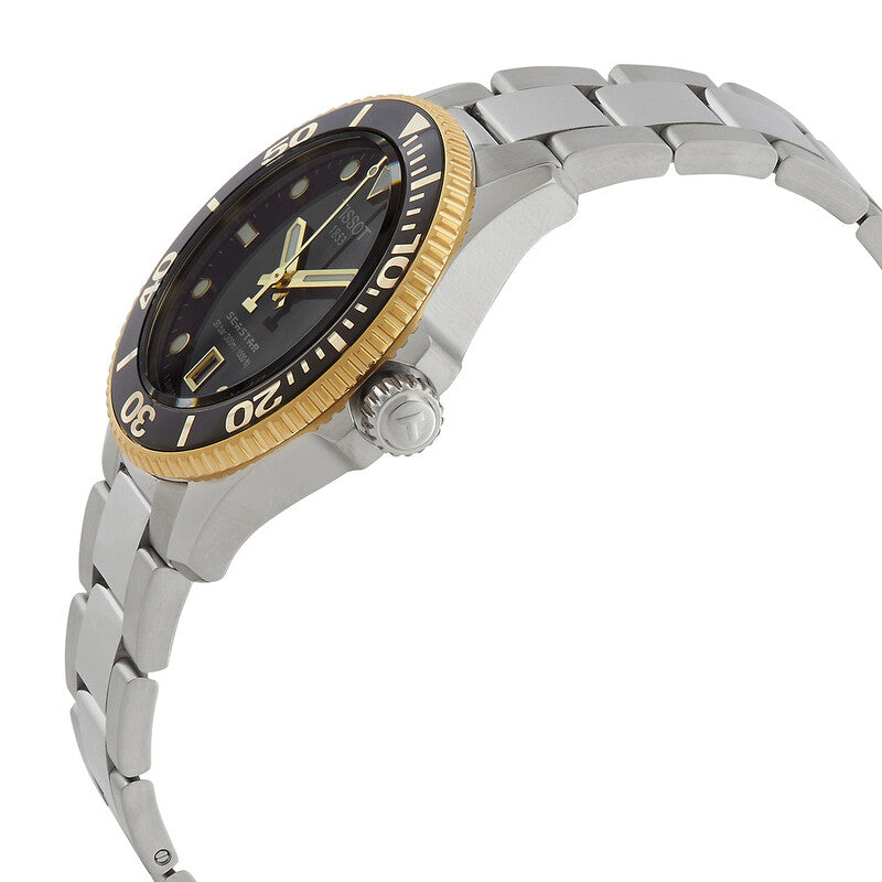 Side angle view of Tissot Seastar 1000 with stainless steel bracelet and crown