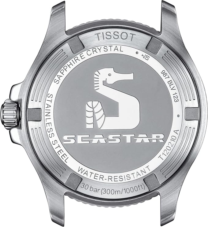 Tissot Seastar 1000 caseback detail with sapphire crystal and water resistance specs