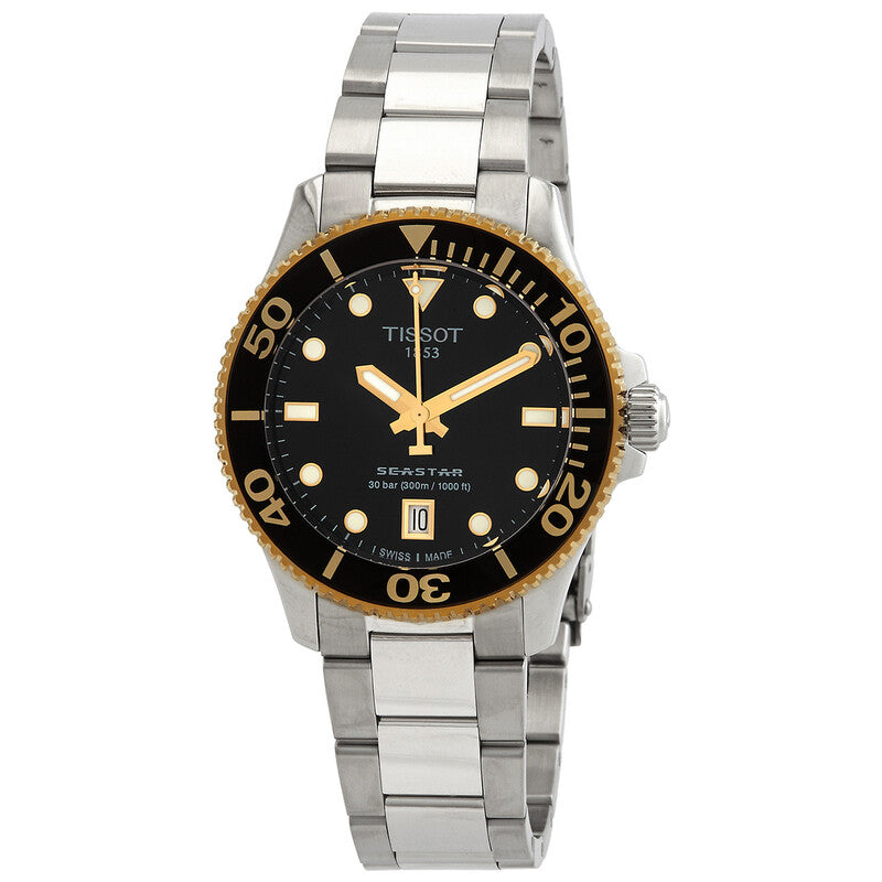 Tissot Seastar 1000 quartz women's watch with black dial and gold bezel