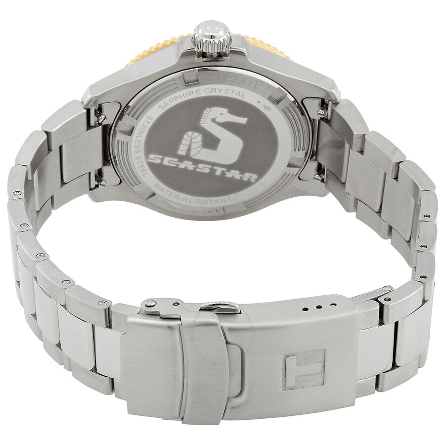 Tissot Seastar 1000 caseback showing stainless steel back with Seastar logo and bracelet