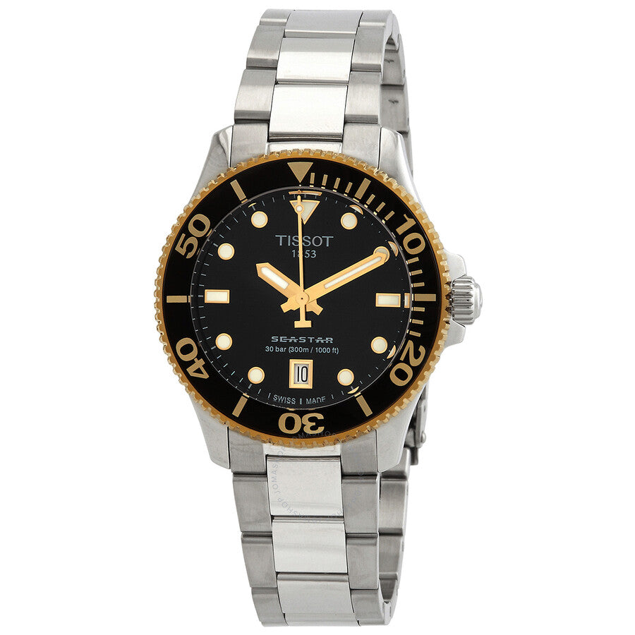 Tissot Seastar 1000 quartz watch with black dial, gold-tone bezel, and stainless steel bracelet