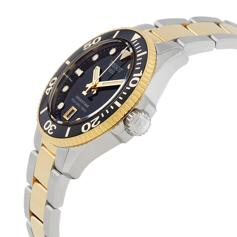 Angled view of Tissot Seastar 1000 two-tone steel and gold bracelet with black dial