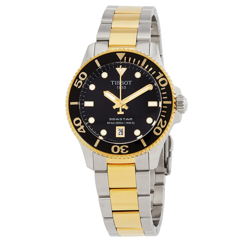 Tissot Seastar 1000 quartz watch with black dial, two-tone steel and gold bracelet