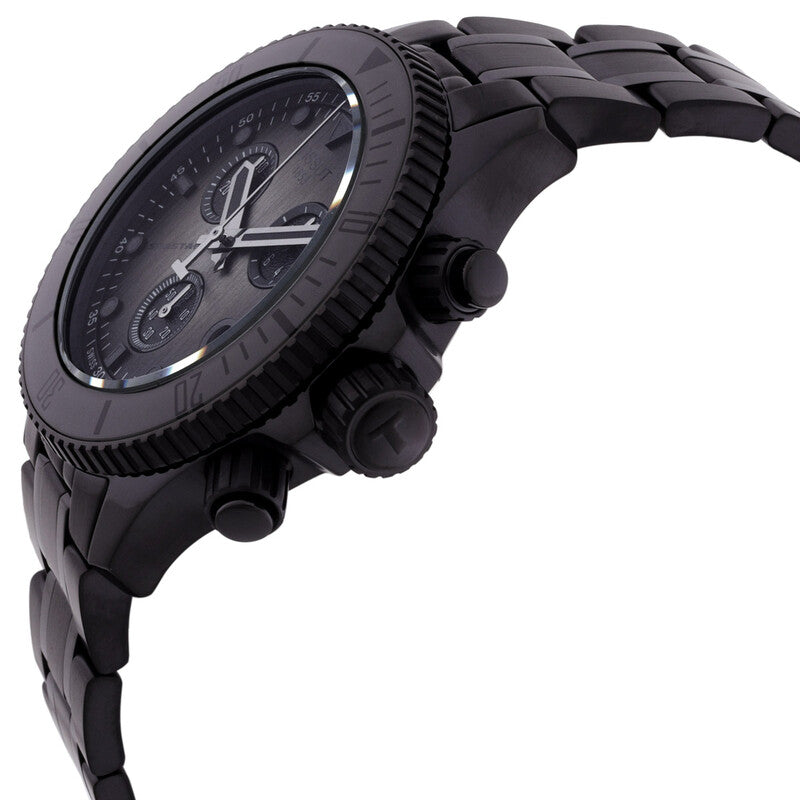 Tissot Seastar 1000 watch at angle showing PVD black case, bezel, and bracelet