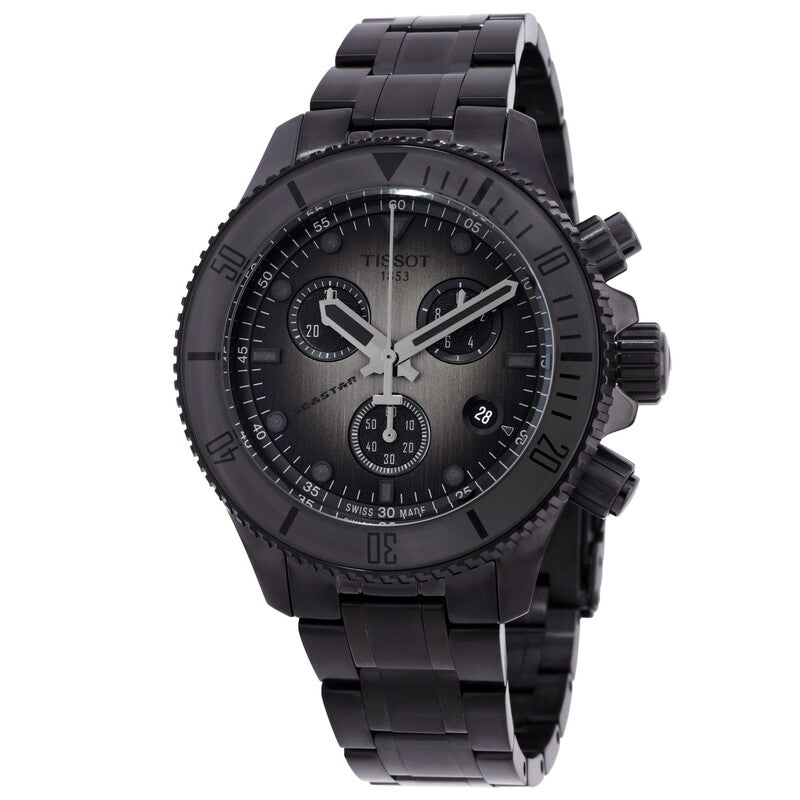 Tissot Seastar 1000 black PVD chronograph watch with round dial and three subdials