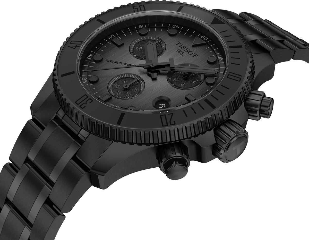 Tissot Seastar 1000 chronograph watch shown from side profile with PVD black finish