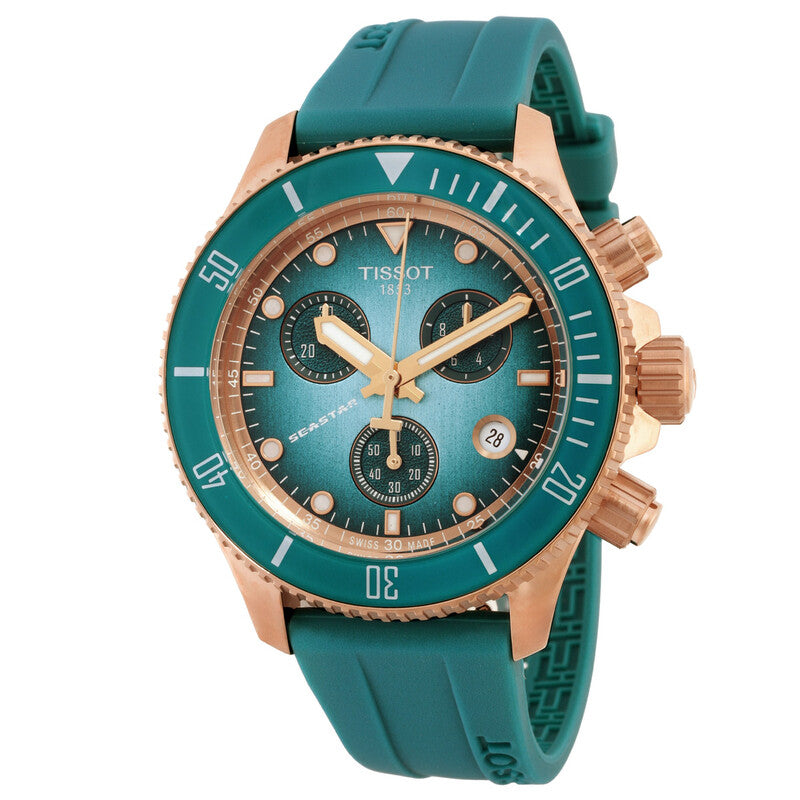 Angle view of Tissot Seastar 1000 chronograph showing turquoise dial with three subdials and rose gold case