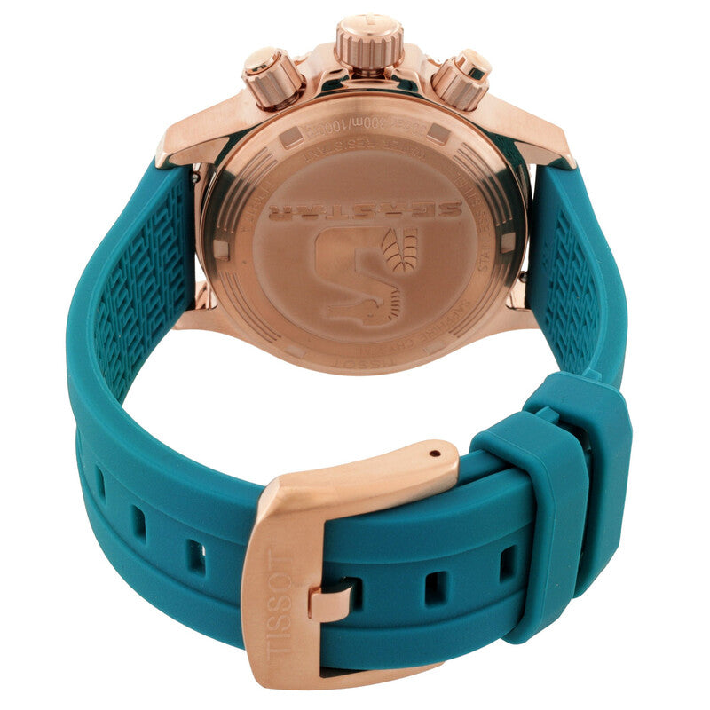 Caseback view of Tissot Seastar 1000 with rose gold case and teal rubber strap with buckle