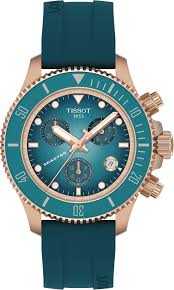 Tissot Seastar 1000 quartz chronograph watch with turquoise dial and rose gold case