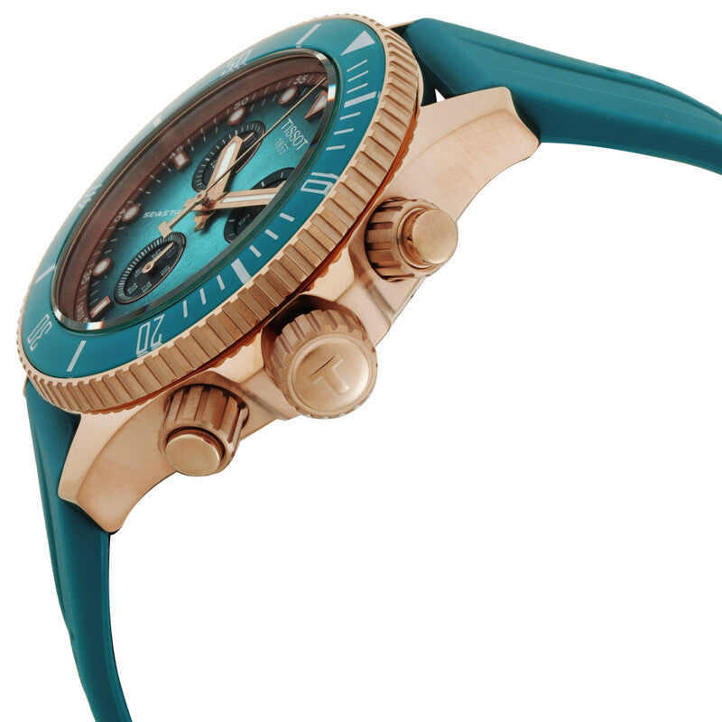 Side profile of Tissot Seastar 1000 showing chronograph pushers and teal rubber strap
