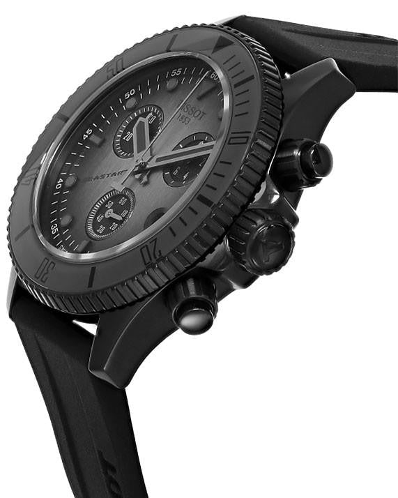 Tissot Seastar 1000 chronograph black watch worn on wrist with rubber strap