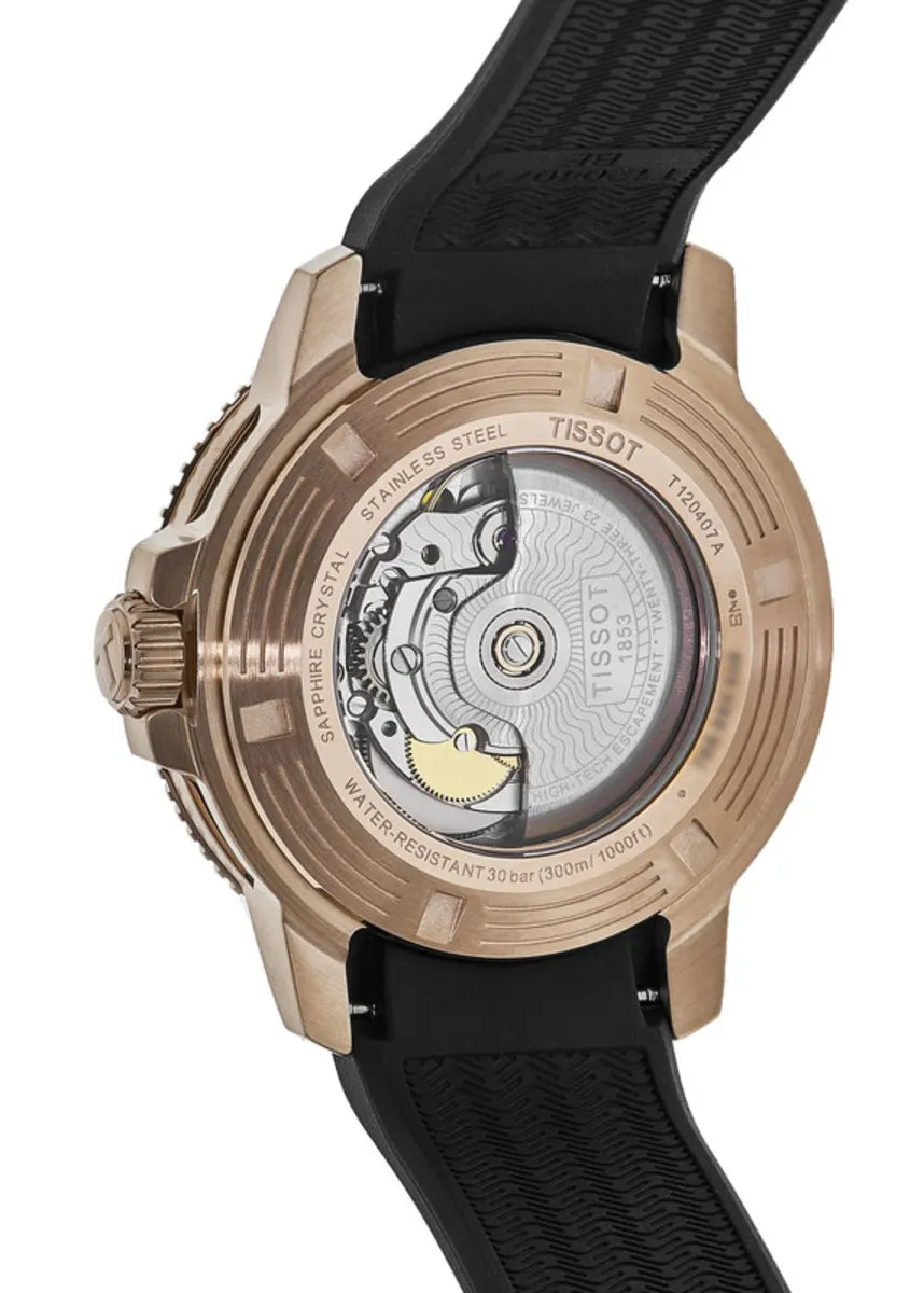 Tissot Seastar 1000 caseback showing Powermatic 80 movement with exhibition display