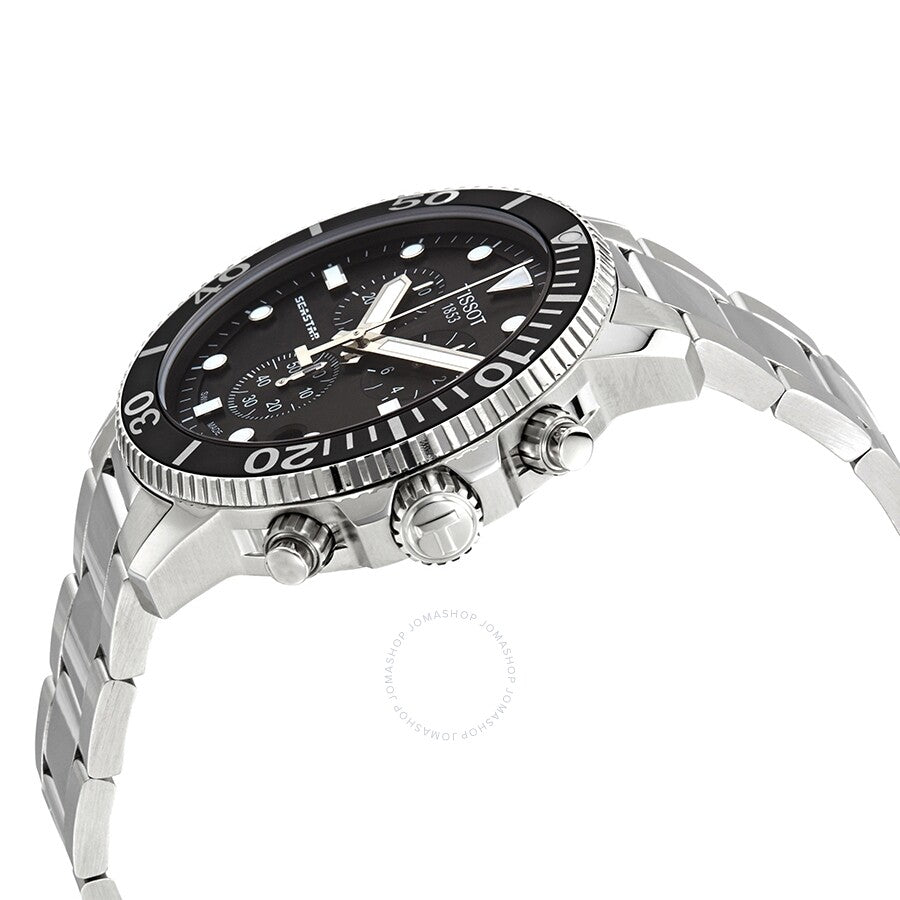 Tissot Seastar 1000 watch displayed at angle showing chronograph pushers and steel bracelet design