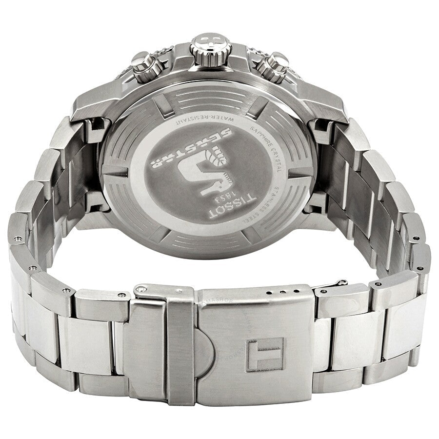 Tissot Seastar 1000 watch caseback showing stainless steel case back and bracelet clasp