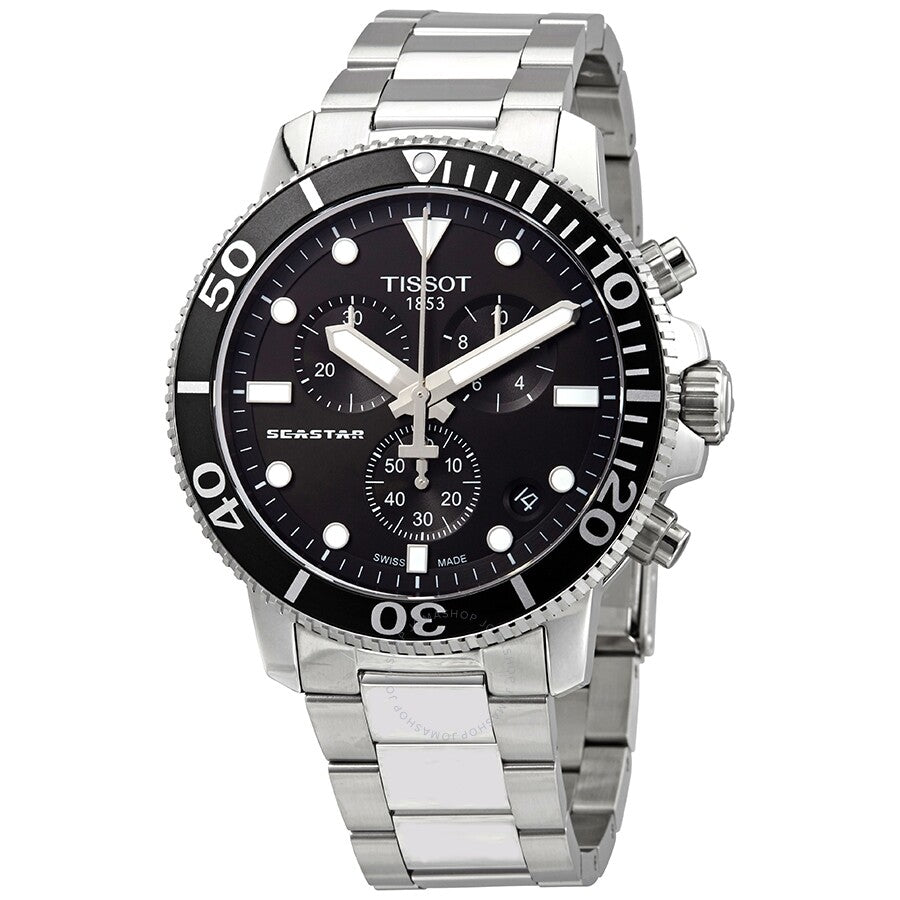 Tissot Seastar 1000 chronograph watch with black dial, white hands, and stainless steel bracelet