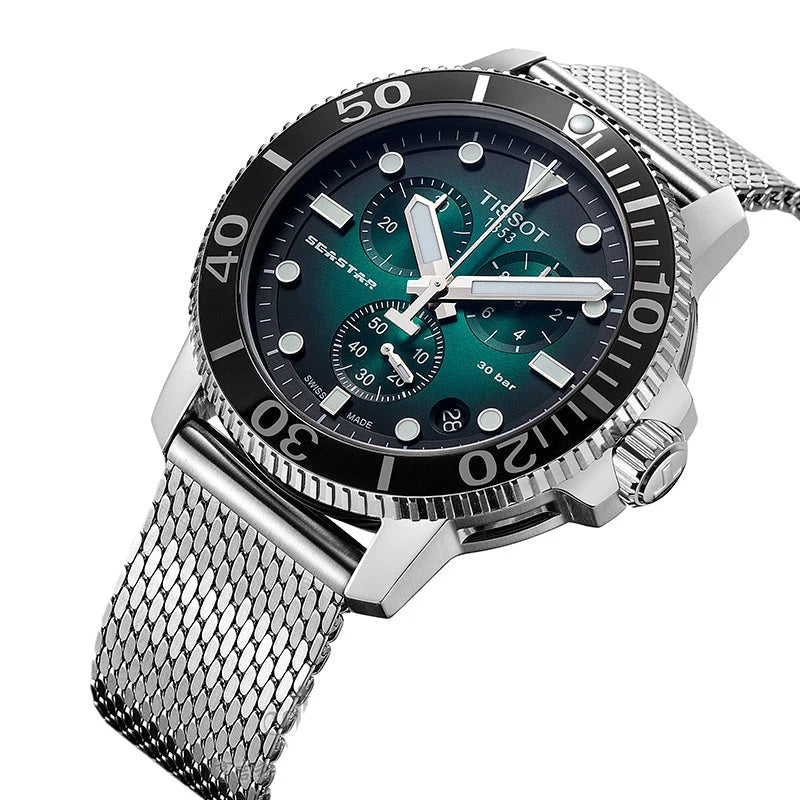 Tissot Seastar 1000 chronograph three-quarter view with green dial and steel mesh band