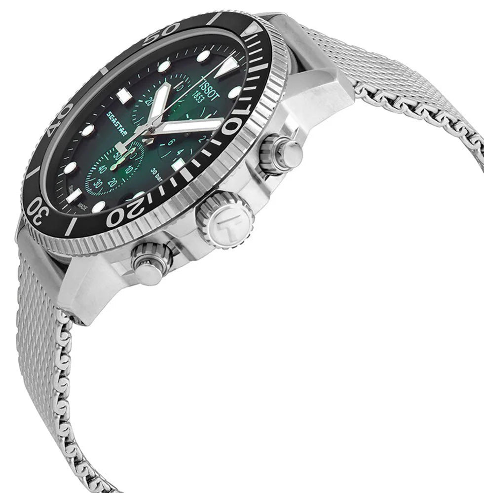Tissot Seastar 1000 chronograph angled side view showing steel case and mesh bracelet
