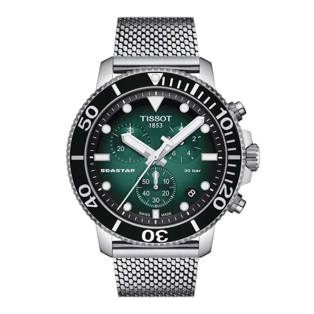 Tissot Seastar 1000 chronograph watch with green dial, steel mesh bracelet, and black bezel