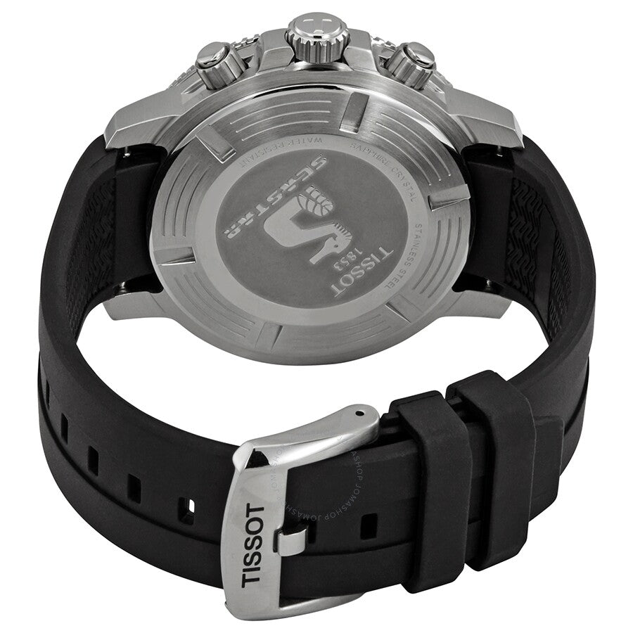 Caseback view of Tissot Seastar 1000 with black rubber strap and stainless steel case band