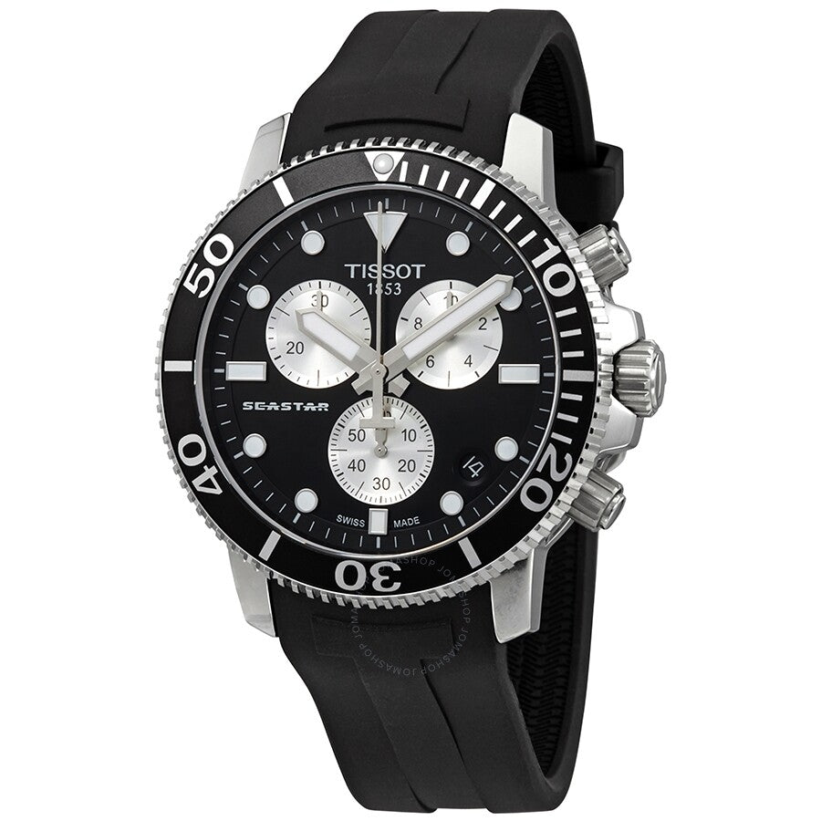Tissot Seastar 1000 chronograph with black dial, white subdials, stainless steel case and black rubber strap