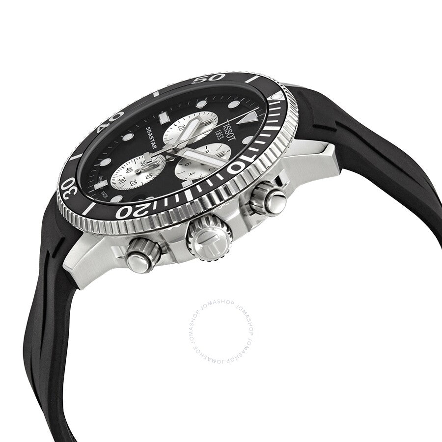 Side view of Tissot Seastar 1000 chronograph with stainless steel case and black rubber strap