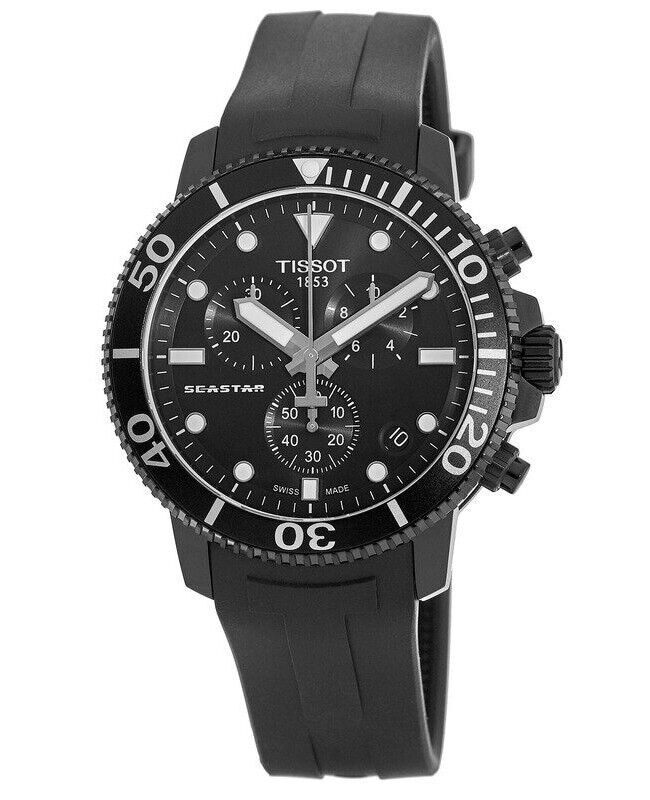 Tissot Seastar 1000 Chronograph three-quarter angle view showing black rubber strap and case