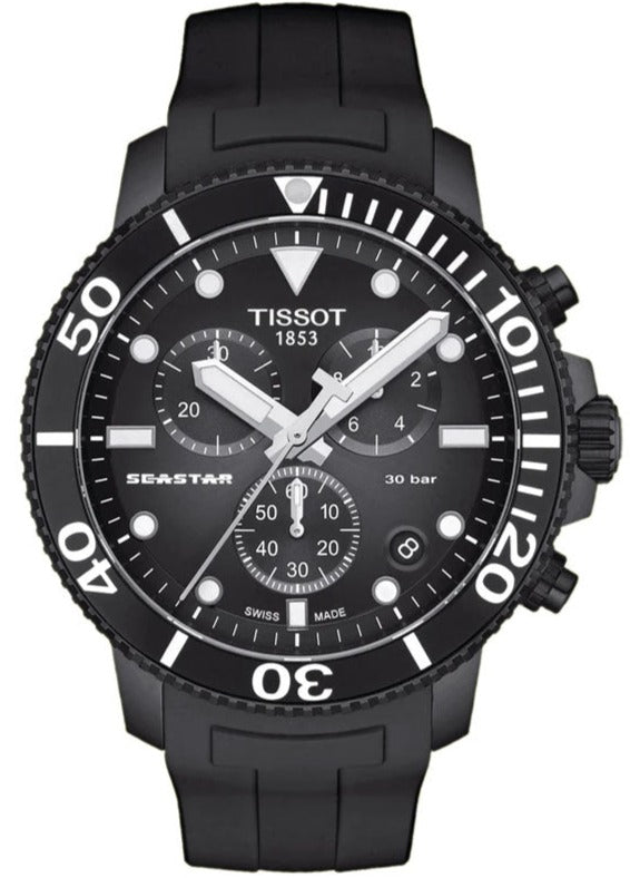 Tissot Seastar 1000 Chronograph black dial watch with 45.5mm case and white hands