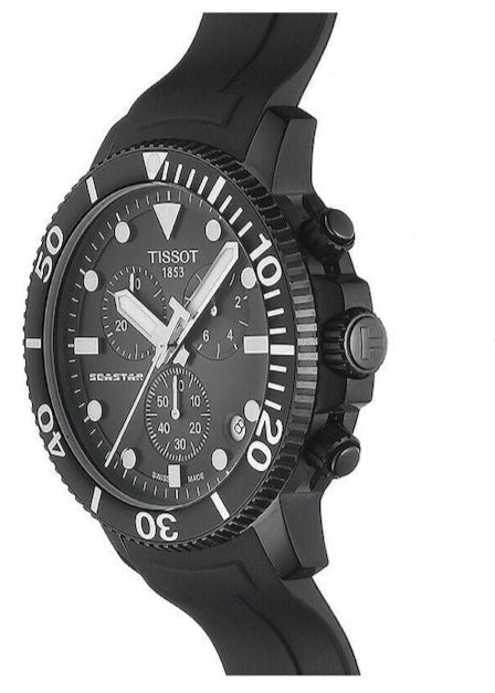 Tissot Seastar 1000 Chronograph side profile with black rubber strap and chronograph pushers