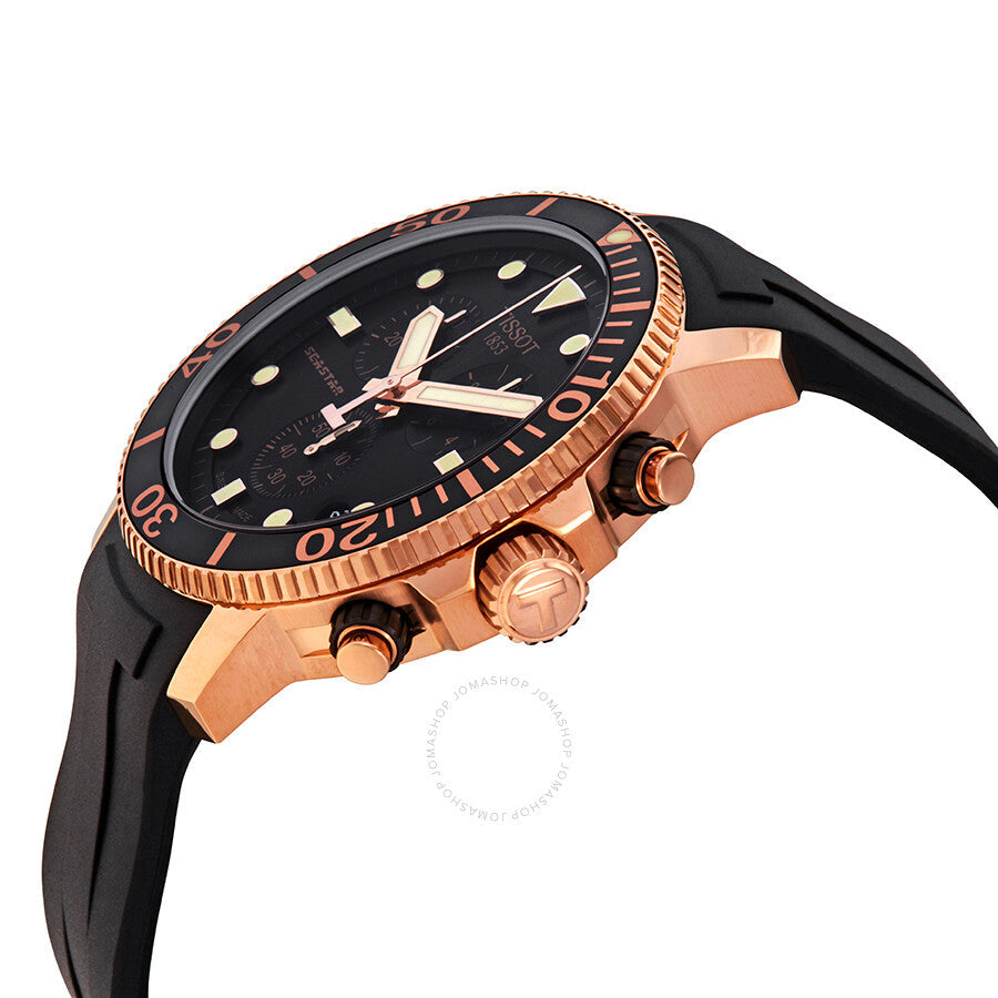 Tissot Seastar 1000 chronograph side view showing rose gold case and pushers with black strap