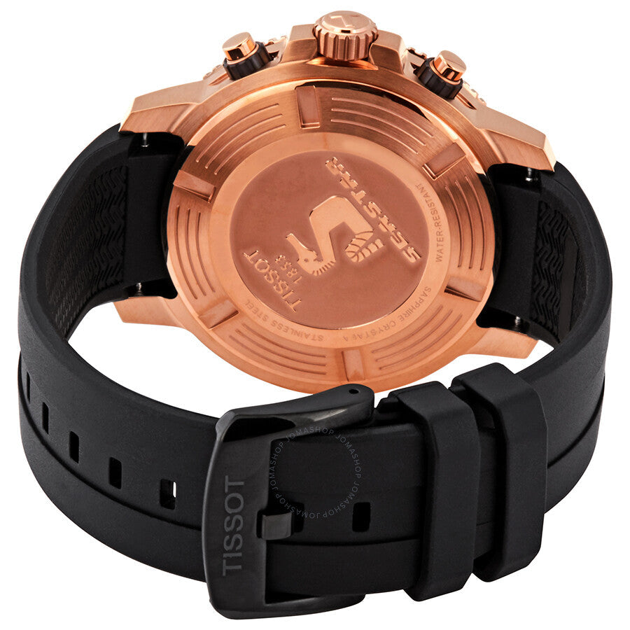 Tissot Seastar 1000 caseback showing engraved rose gold case with black rubber strap