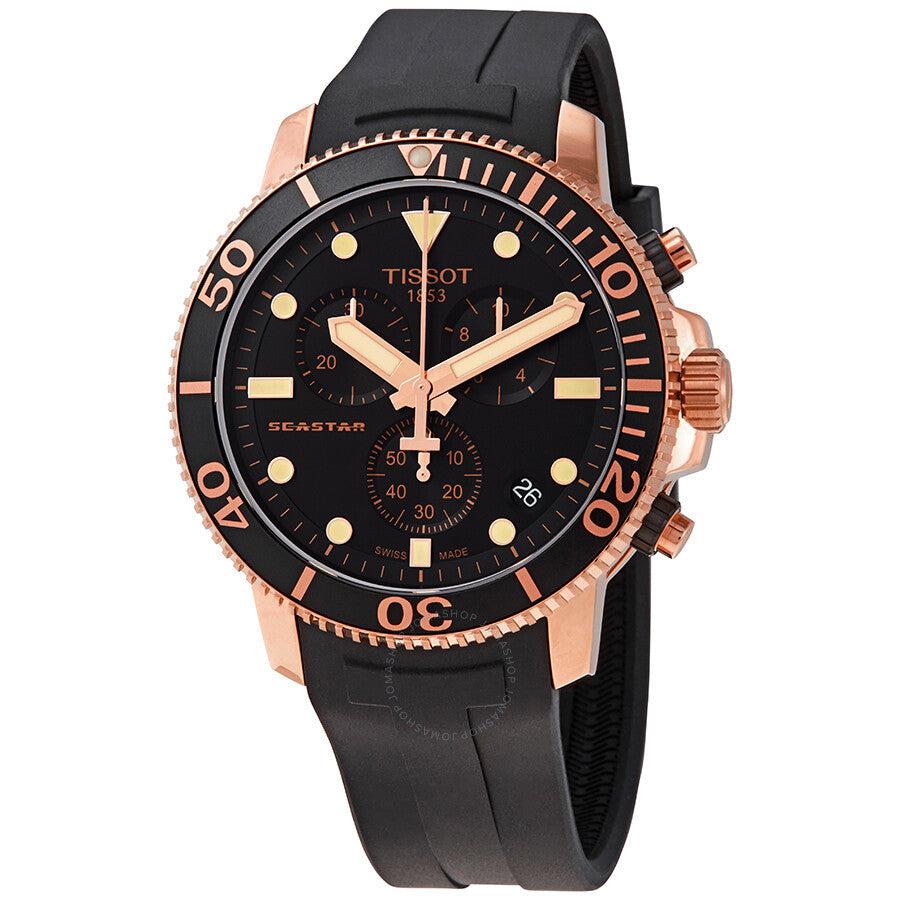 Tissot Seastar 1000 chronograph watch with black dial, rose gold case, and black rubber strap