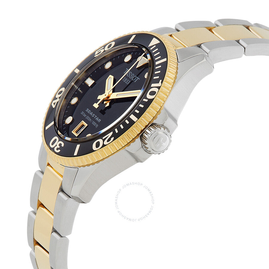 Tissot Seastar watch side view showing two-tone bracelet and gold-plated bezel detail
