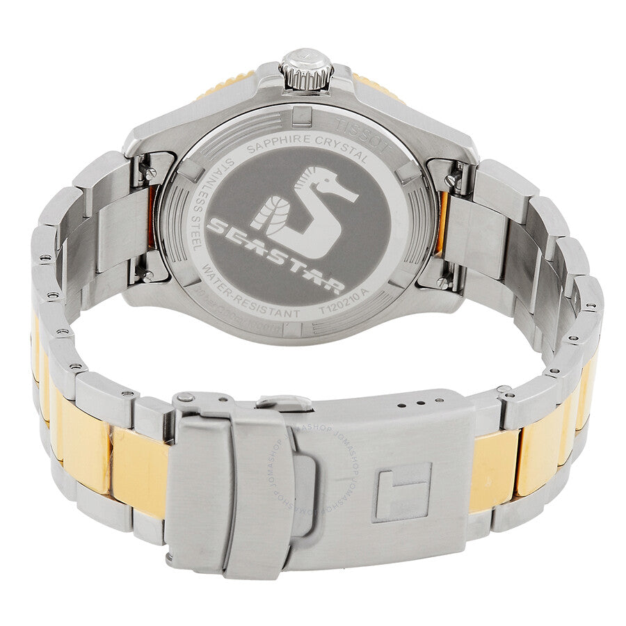 Tissot Seastar watch caseback showing sapphire crystal and water-resistant specifications