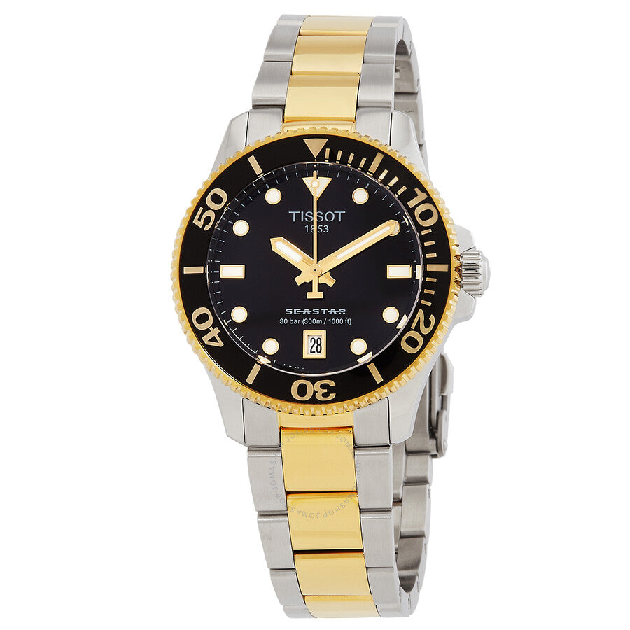 Tissot Seastar quartz watch with black dial, two-tone steel and gold bracelet, gold bezel