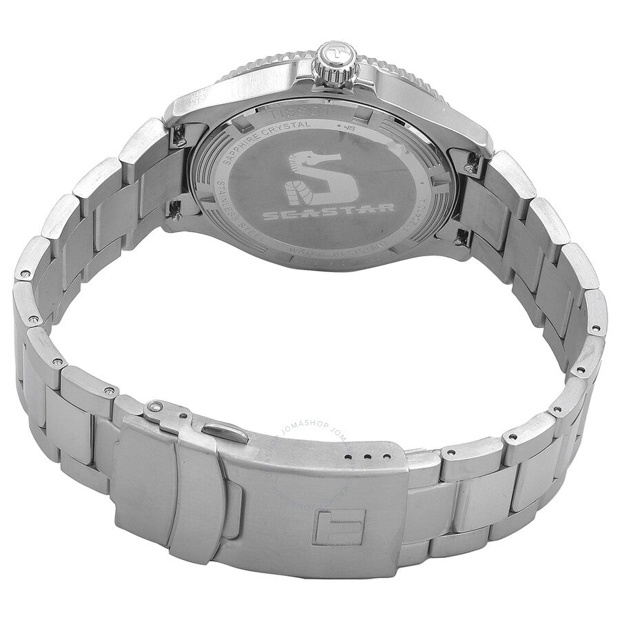 Tissot Seastar caseback showing stainless steel bracelet and back detail