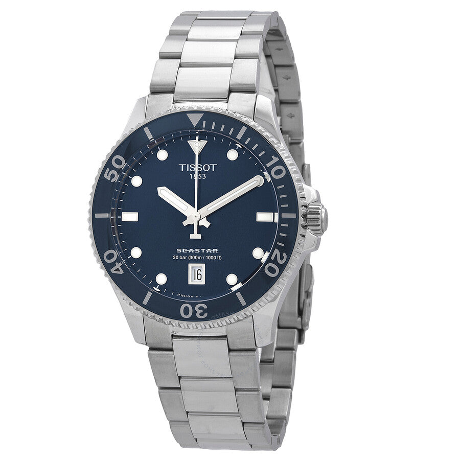 Tissot Seastar quartz men's watch with blue dial and stainless steel bracelet