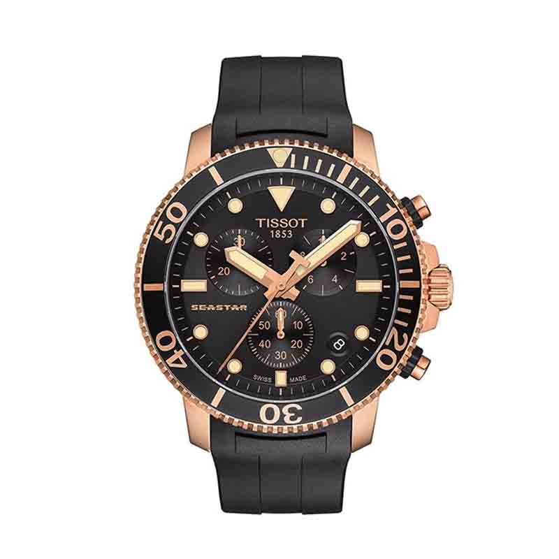 Tissot Seastar T-Sport 45.5mm rose gold chronograph watch with black dial on black rubber strap