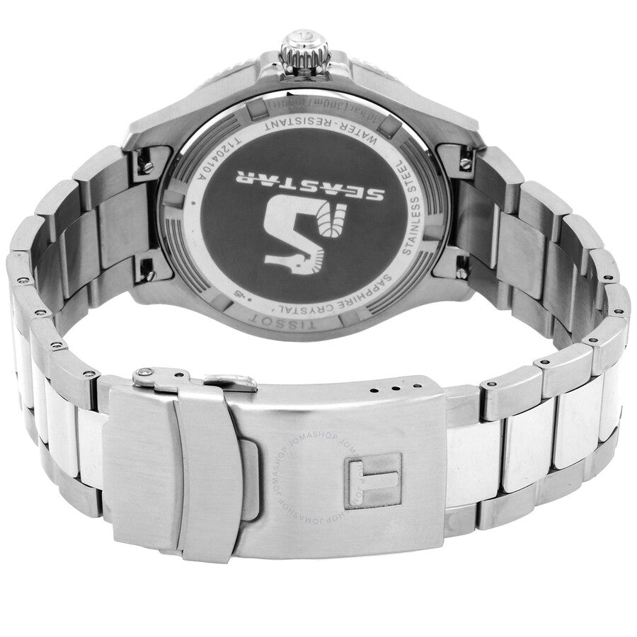 Caseback view of Tissot Seastar watch showing stainless steel bracelet and clasp