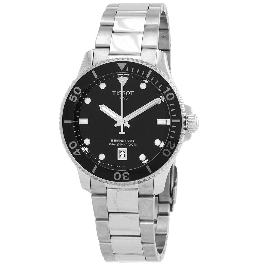 Tissot Seastar quartz watch with black dial and stainless steel bracelet