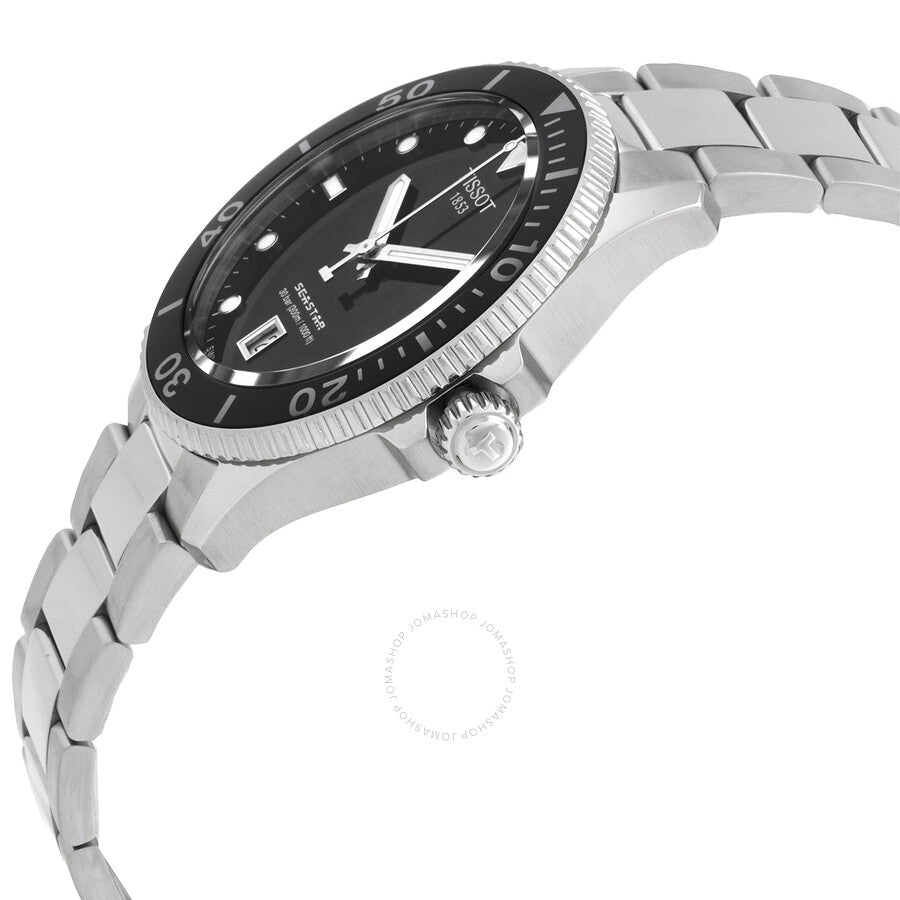 Side profile of Tissot Seastar watch showing rotating bezel and integrated bracelet