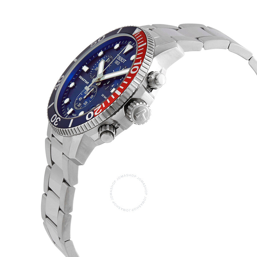 Tissot Seastar Chronograph side view showing stainless steel bracelet and chronograph pushers