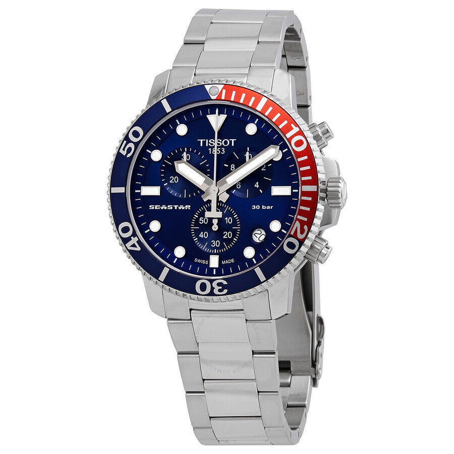 Tissot Seastar Chronograph with blue dial and red-blue Pepsi bezel, stainless steel bracelet