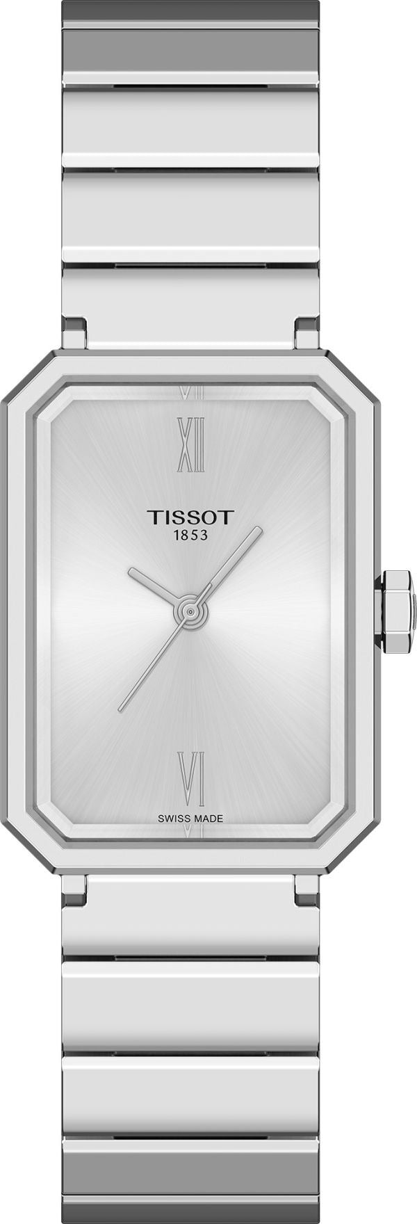 Tissot SRV T160 quartz women's watch with silver sunray rectangular dial and stainless steel bracelet