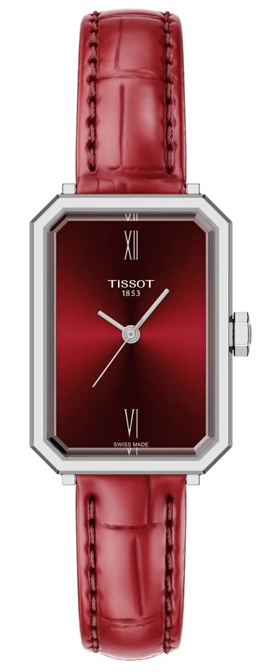 Tissot SRV women's watch with red dial, rectangular steel case, and red leather strap