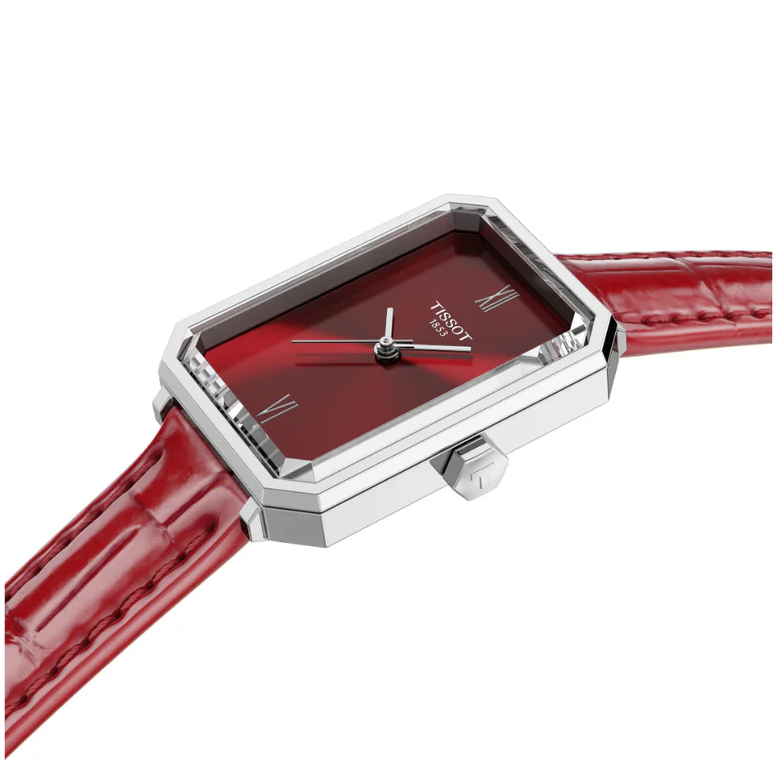 Tissot SRV watch on wrist showing red dial and red crocodile leather strap
