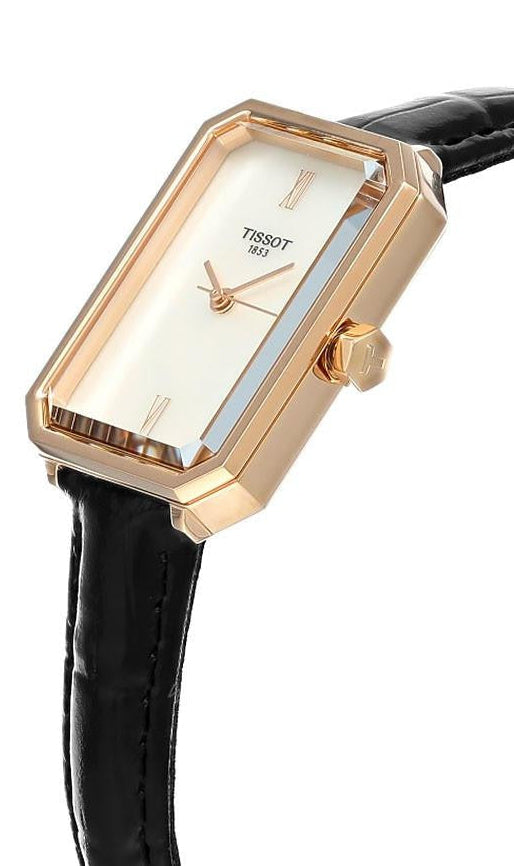 Tissot SRV watch at side angle showing rectangular case profile and leather strap