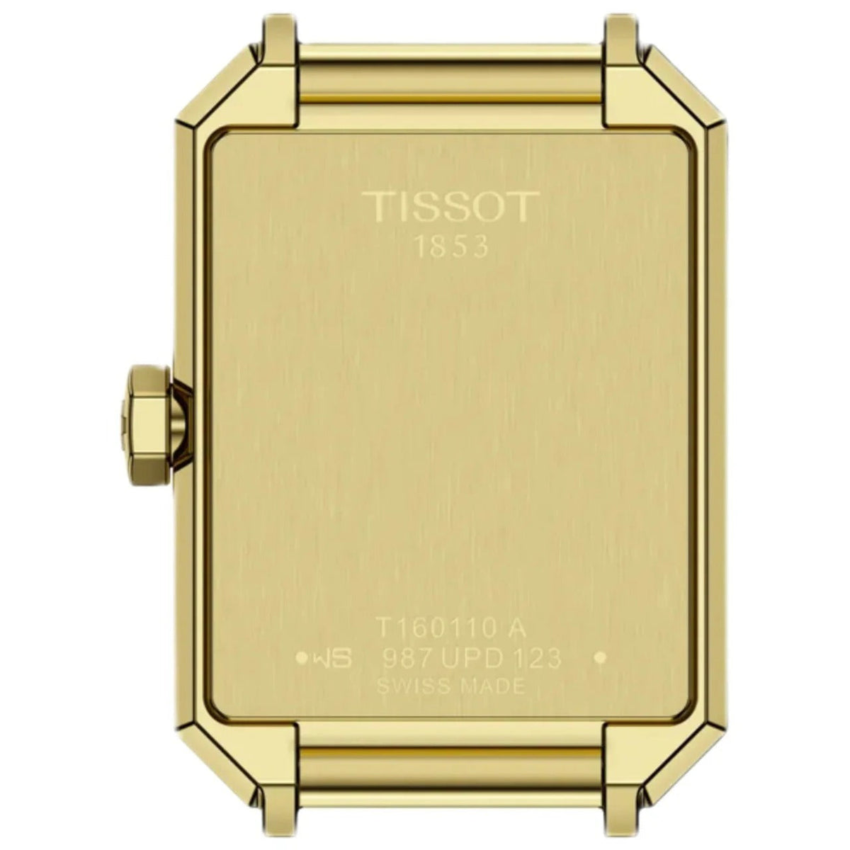 Tissot SRV caseback showing brushed yellow gold with Tissot 1853 branding, movement reference, and Swiss Made marking