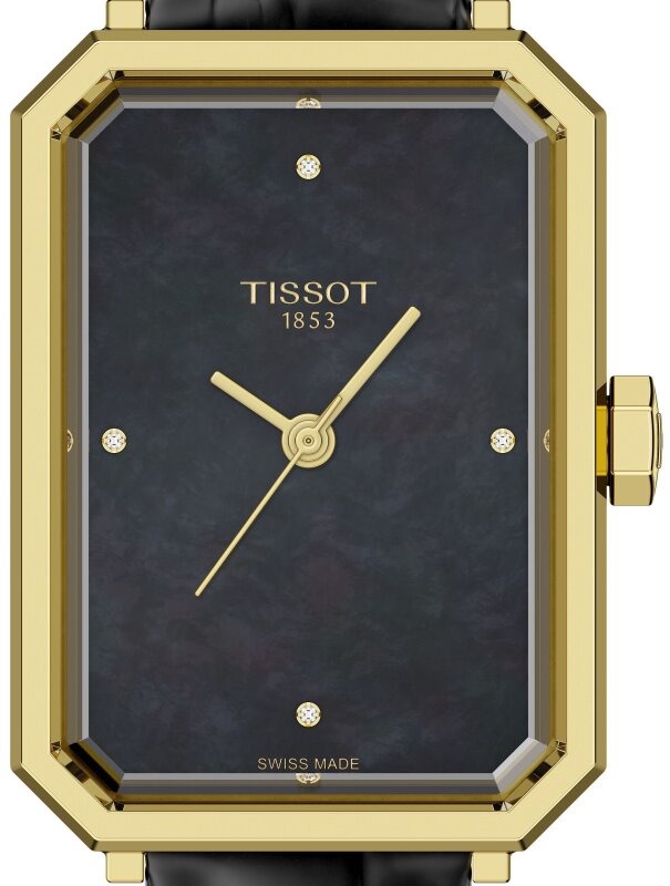 Tissot SRV dial detail showing black mother-of-pearl, gold Dauphine hands, hour markers, and Swiss made text
